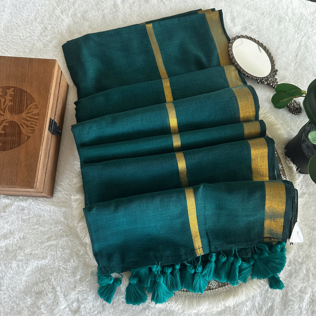 Mul Cotton Saree double zari border (Green)