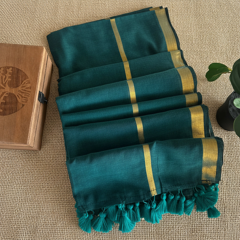 Mul Cotton Saree double zari border (Green)