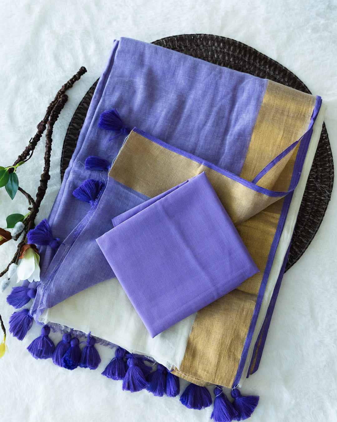 mulcotton lavender haf-half saree with blouse