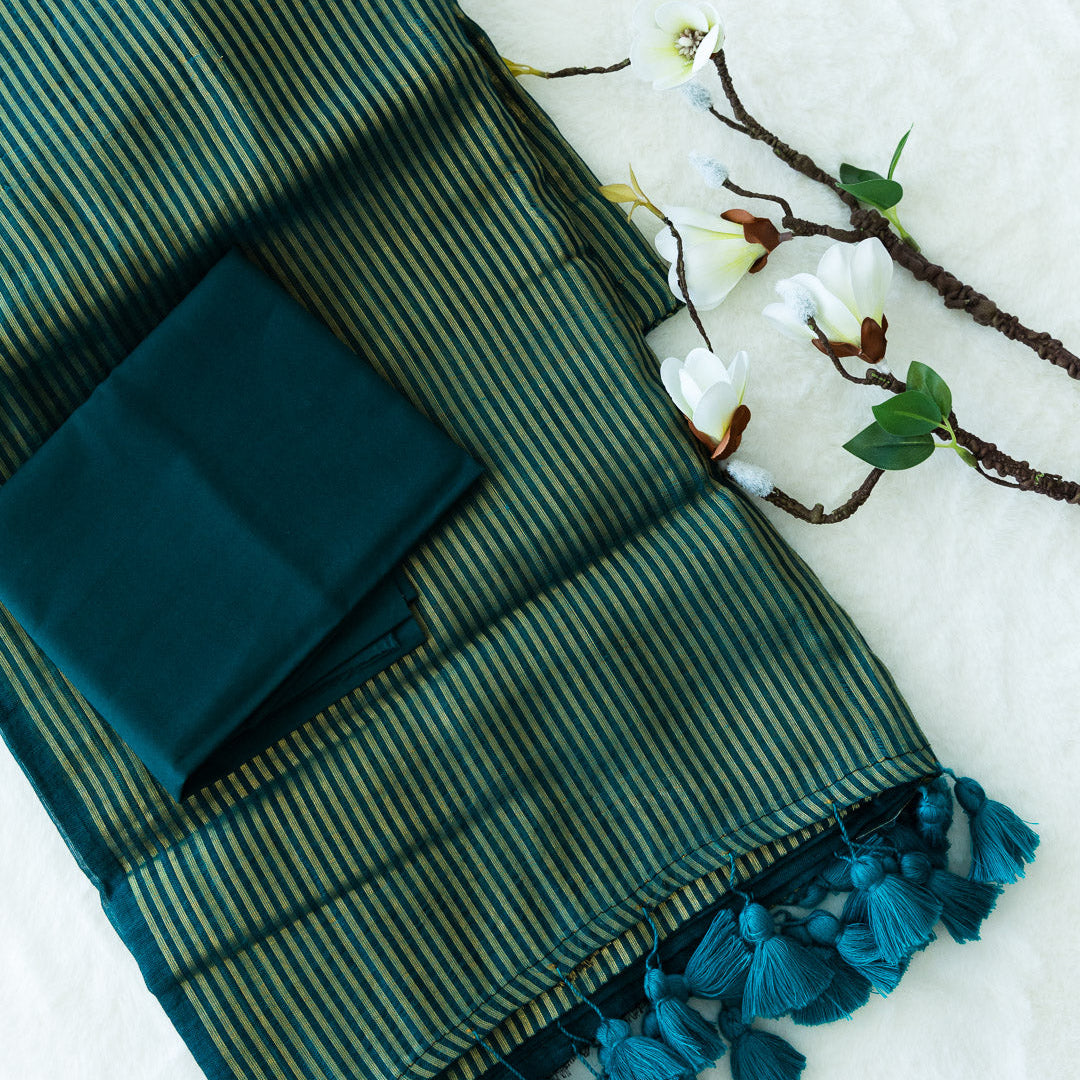 Rama green striped mulmul saree