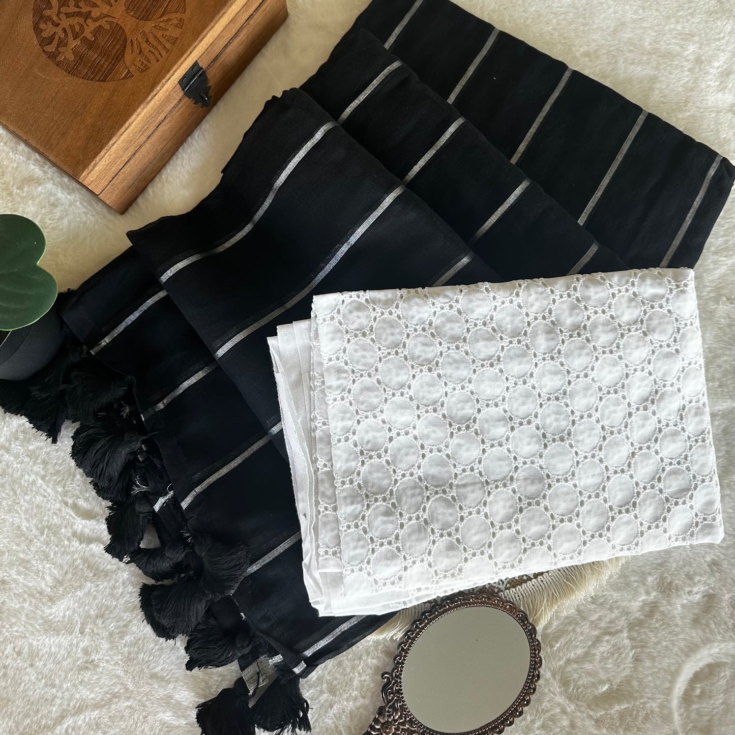 Mul Cotton Saree Striped (Black)