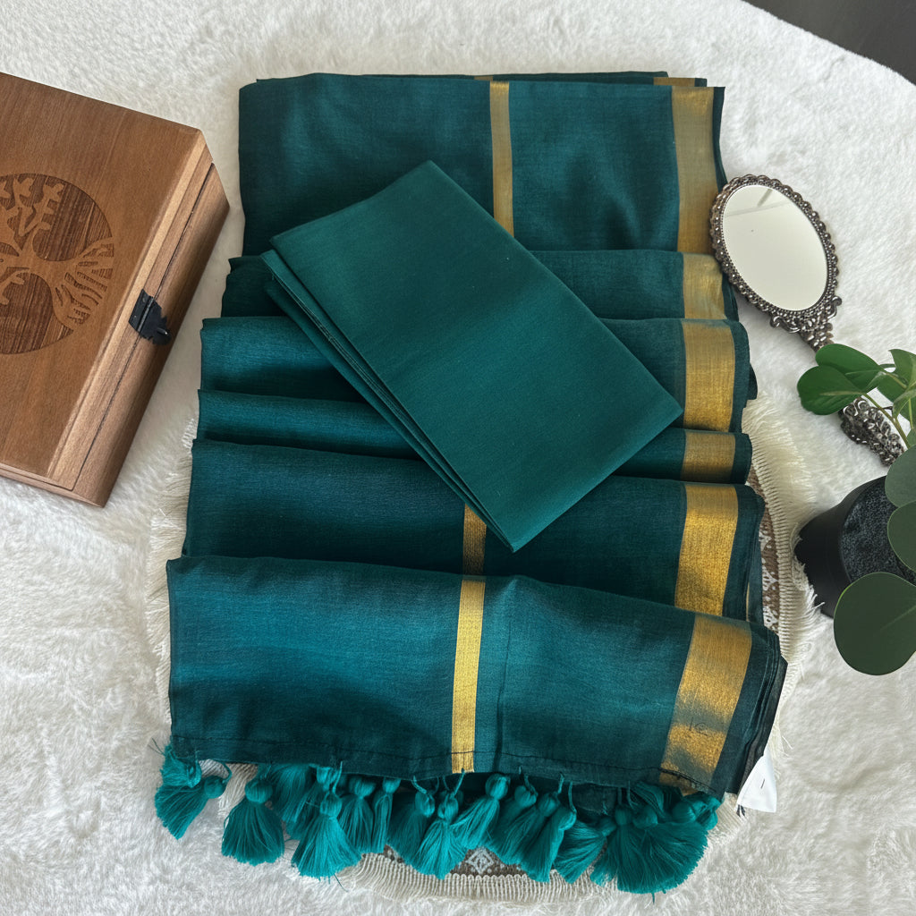 Mul Cotton Saree double zari border (Green)