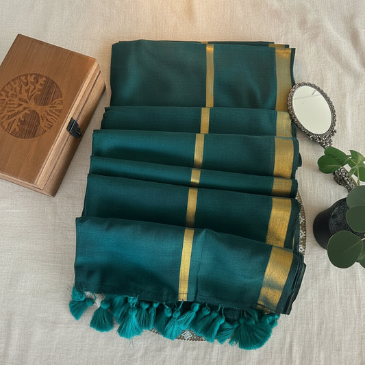Mul Cotton Saree double zari border (Green)