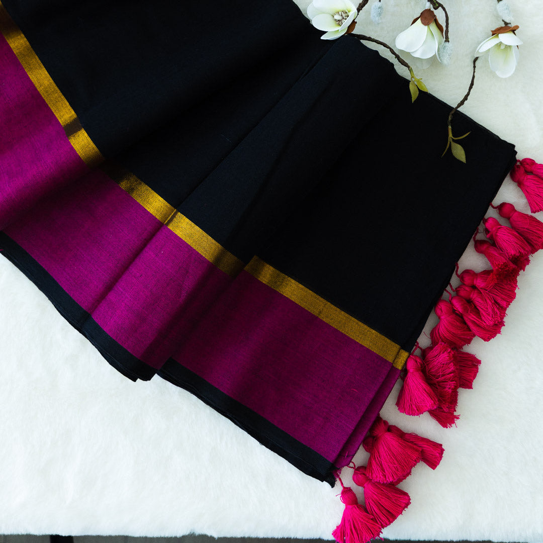 Mul Cotton Saree double zari border (Black and pink)