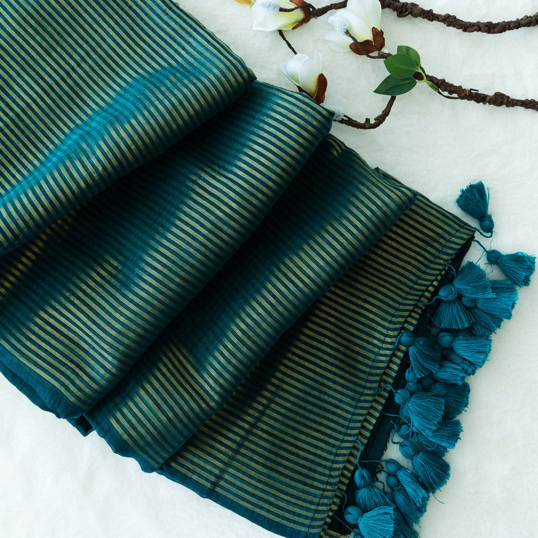 Rama green striped mulmul saree