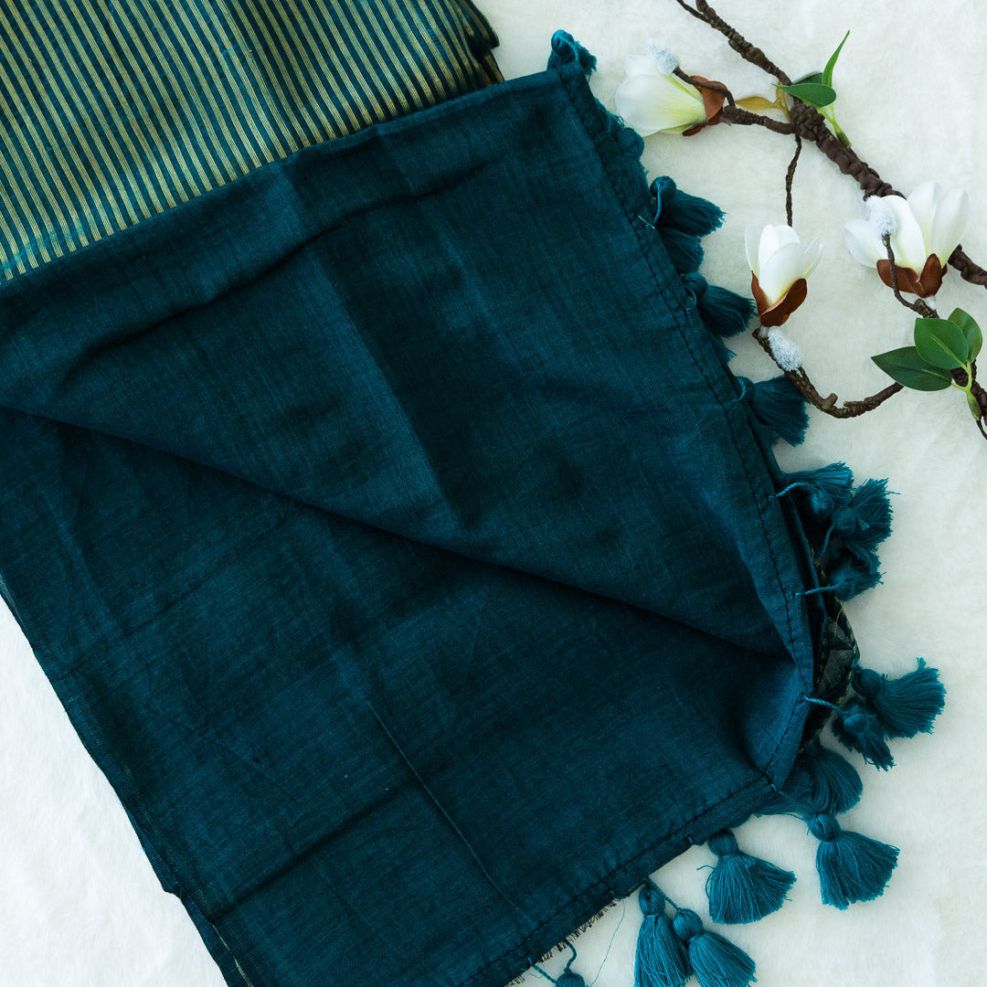 Rama green striped mulmul saree
