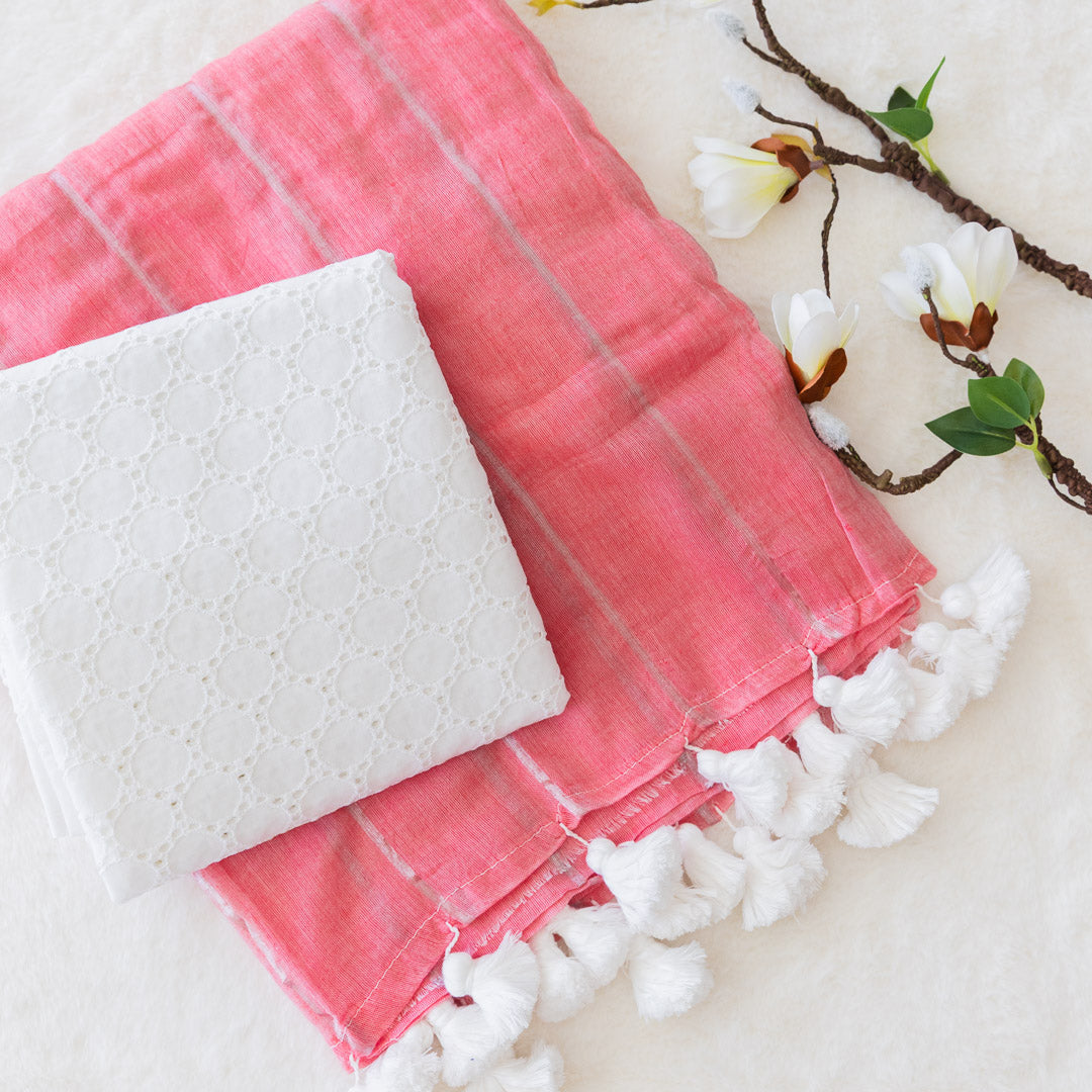 pink striped mulcotton saree