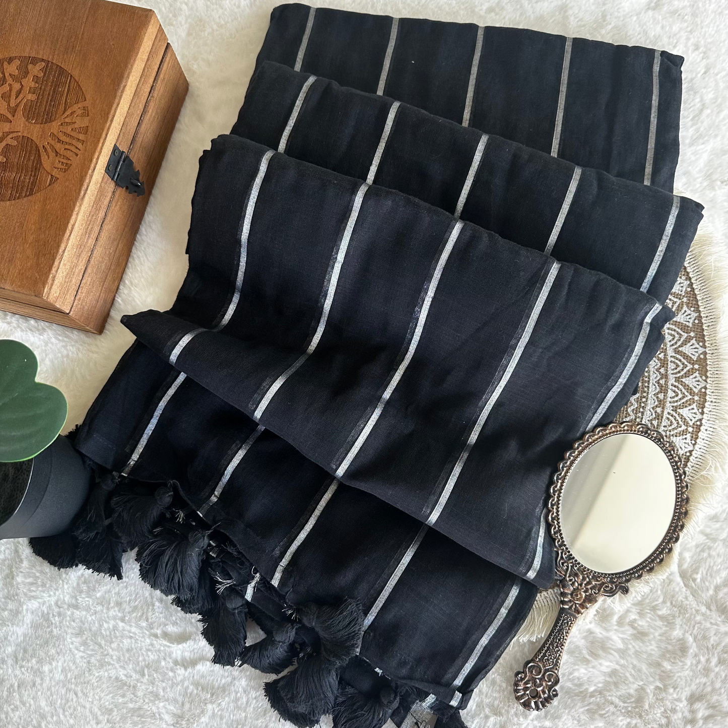 Mul Cotton Saree Striped (Black)