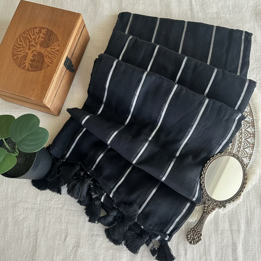 Mul Cotton Saree Striped (Black)